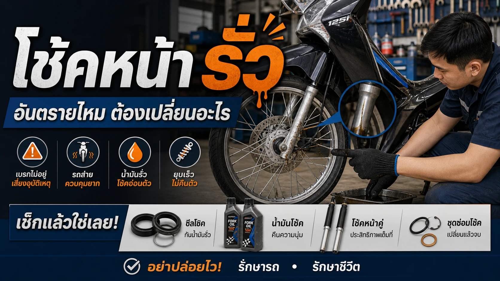 Wave 125i โช้คหน้ารั่ว อันตรายไหม ต้องเปลี่ยนอะไร