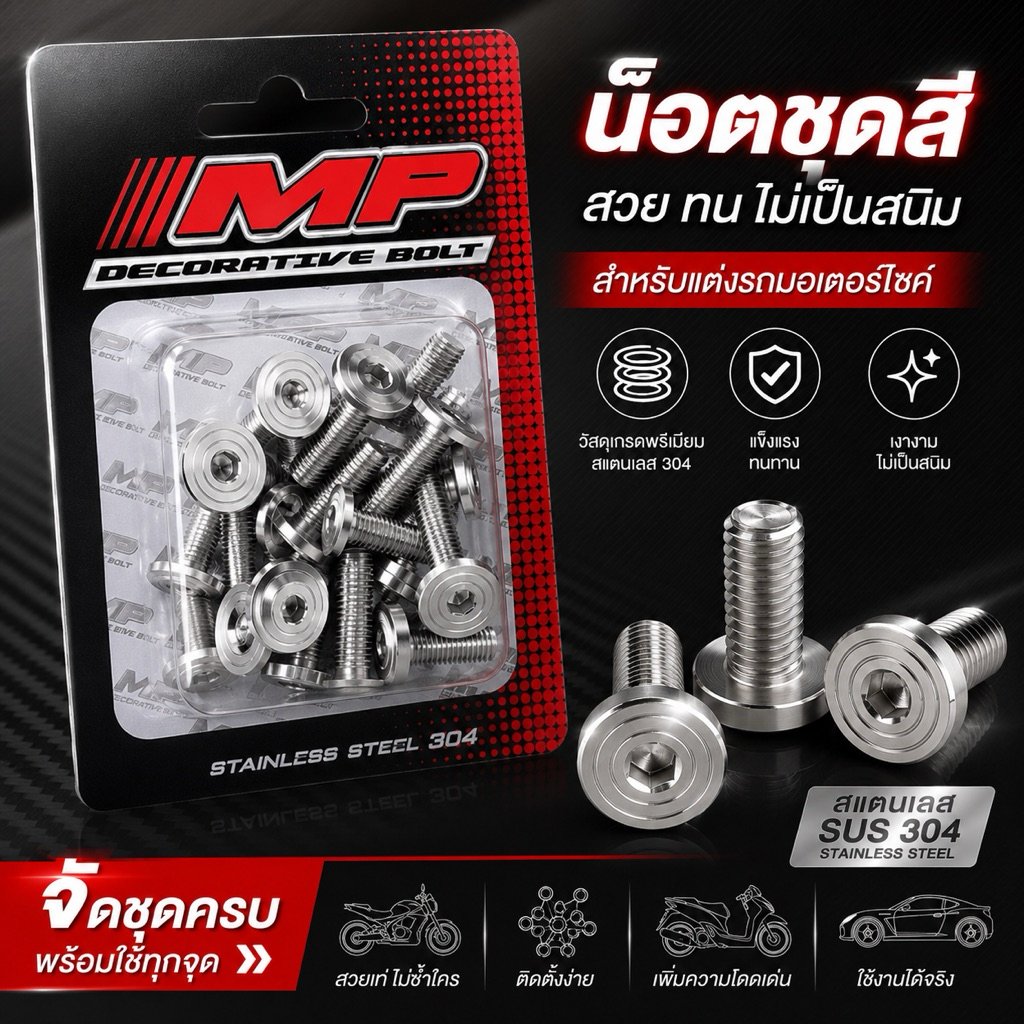 น็อตชุดสีหัวก้นหอยแบน ใส่Wave125R/Sหัวเถิก w125iไฟเลี้ยวบังบม w125iปลาวาฬ W110i w100 และอีกหลายรุ่น สินค้ายอดฮิต งานMP