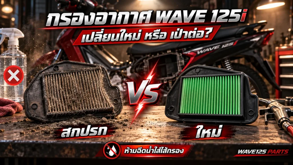 กรองอากาศ Wave 125i เปลี่ยนใหม่หรือเป่าต่อ เทียบไส้กรองสกปรกกับใหม่ ห้ามฉีดน้ำใส่ไส้กรอง