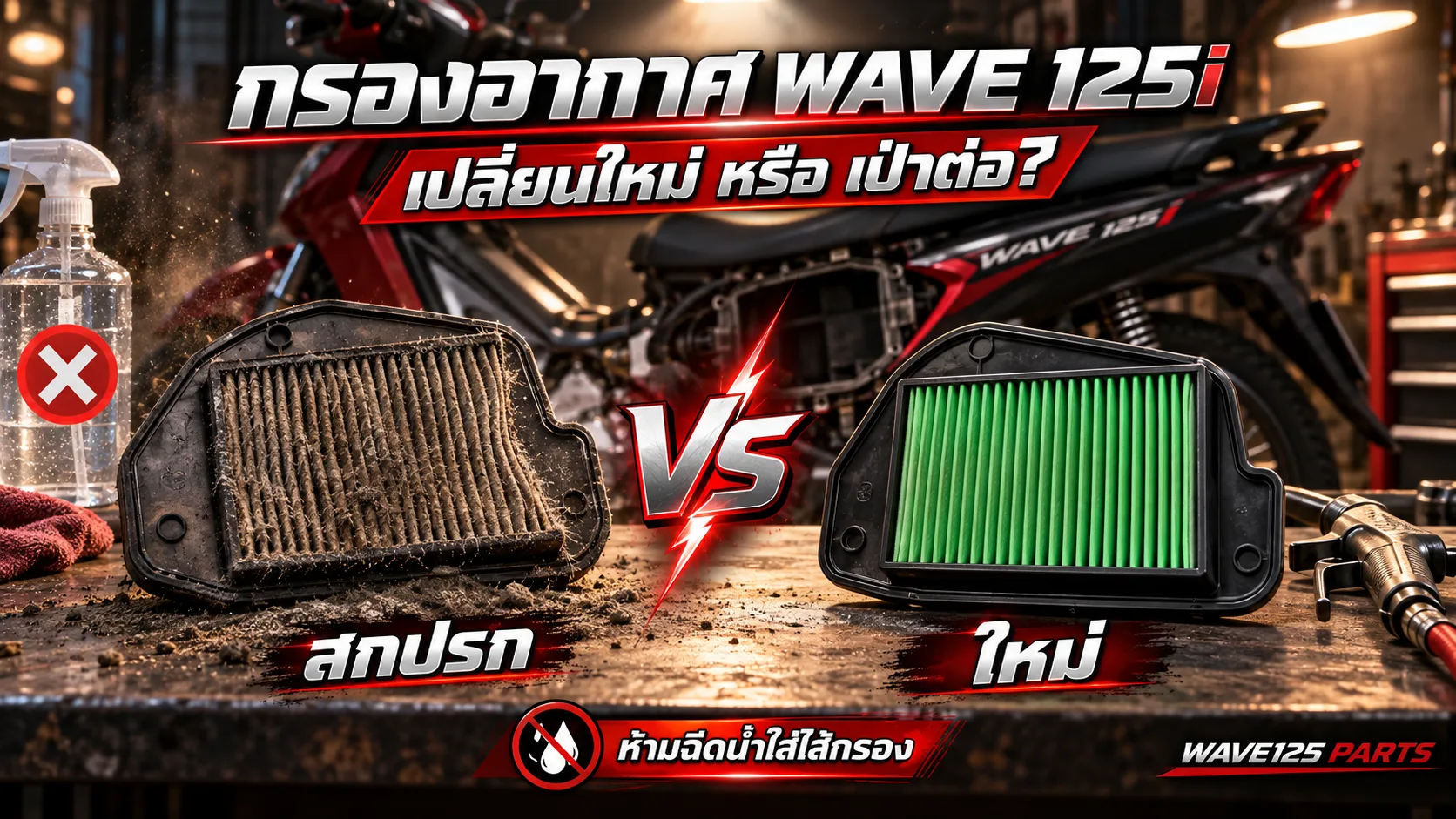 กรองอากาศ Wave 125i เปลี่ยนใหม่หรือเป่าต่อ เทียบไส้กรองสกปรกกับใหม่ ห้ามฉีดน้ำใส่ไส้กรอง