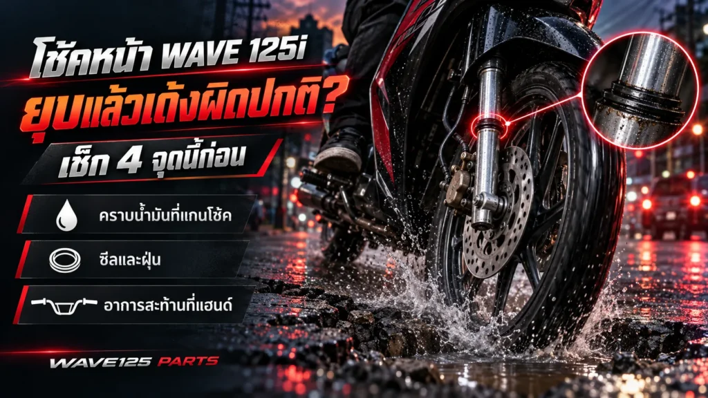 โช้คหน้า Wave 125i ยุบแล้วเด้งผิดปกติ เช็กคราบน้ำมันที่แกนโช้ค ซีล และอาการสะท้านที่แฮนด์